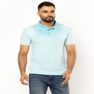 Light Cyan Dyed Mixed Cotton Polo Shirt